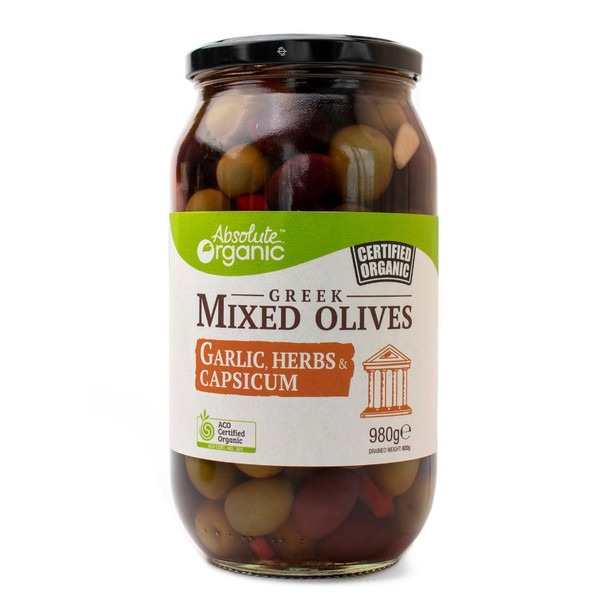 Organic Mix Olives – Garlic, Herb & Capsicum 980g